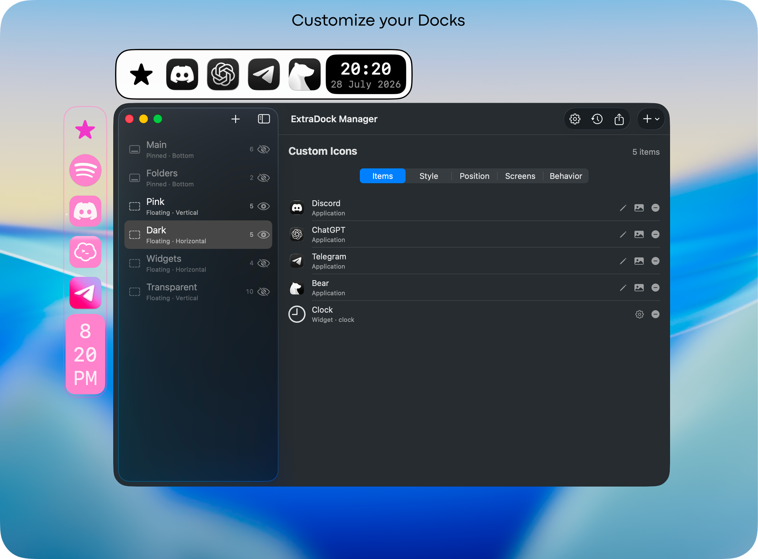 ExtraDock custom dock layouts and icons